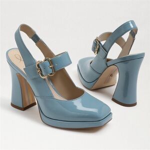 SAM EDELMAN Jildie Slingback Mary Jane Pump Blue Patent Square Toe Block Heel 7
